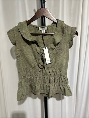 bagatelle Olive Green Sleeveless Ruffle Tie-Front Women's Blouse
